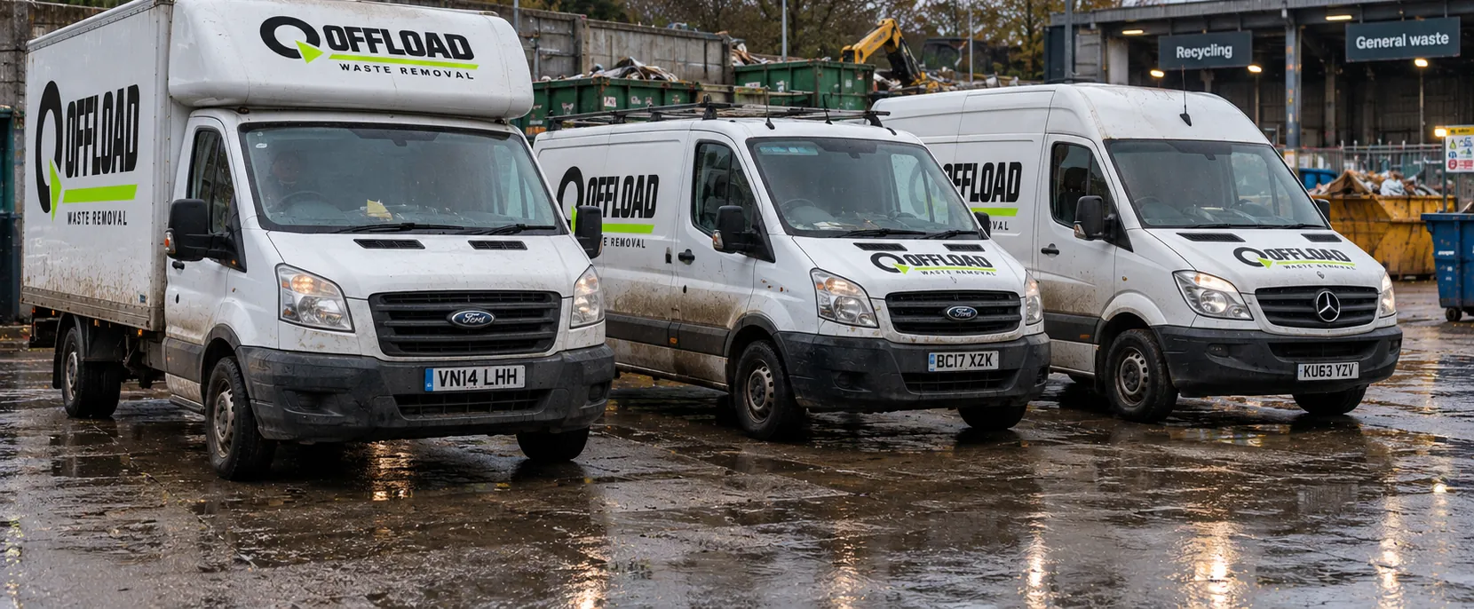 Offload waste removal Leeds vans lined up in Offload livery: a box van and two panel vans